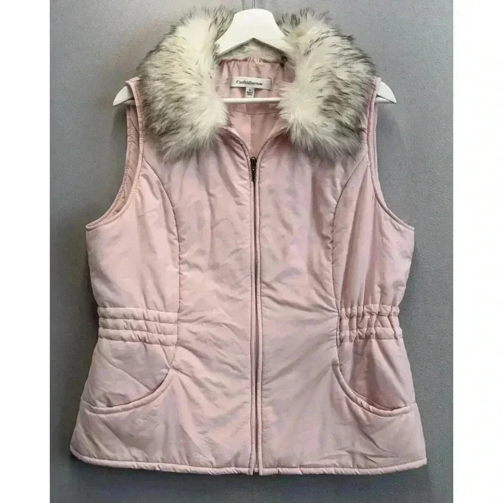 Croft & Barrow Women's Sz L Soft Pink Nylon Blend Full Zip Vest Faux‎ Fur Collar